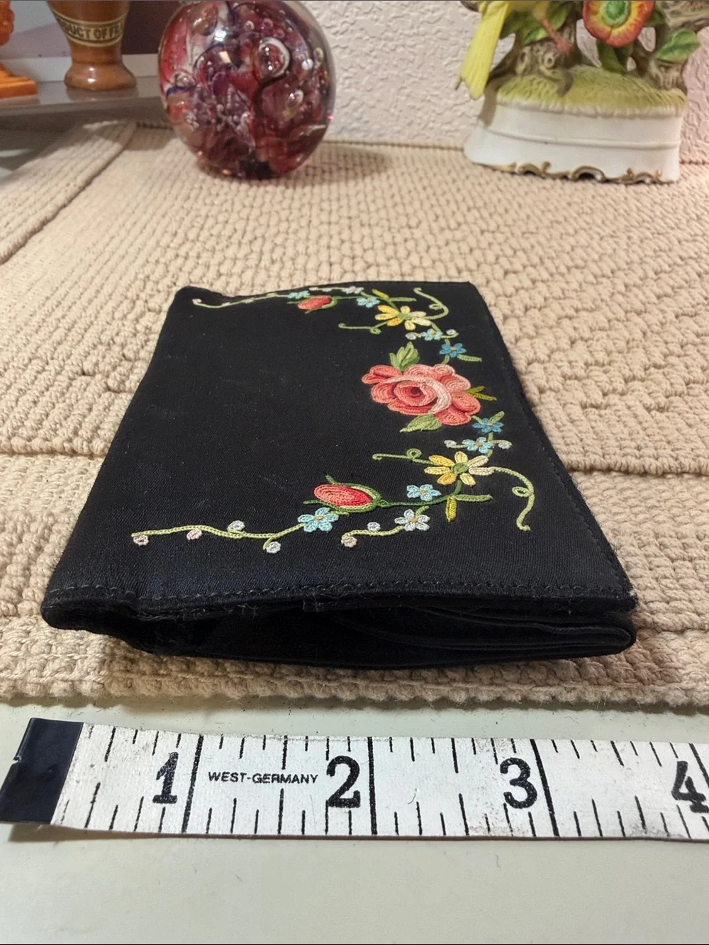 Vintage Made in France Black Satin Embroidered Floral Clutch Wallet